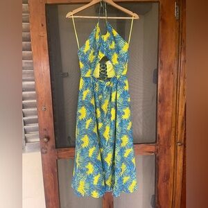 Tanya Taylor blue and yellow palm summer dress